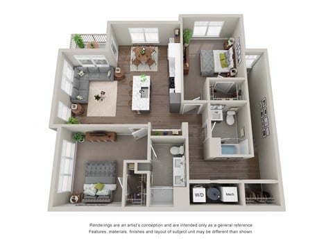 Floor plan for 2 beds, 2 baths, 1226 sqft
